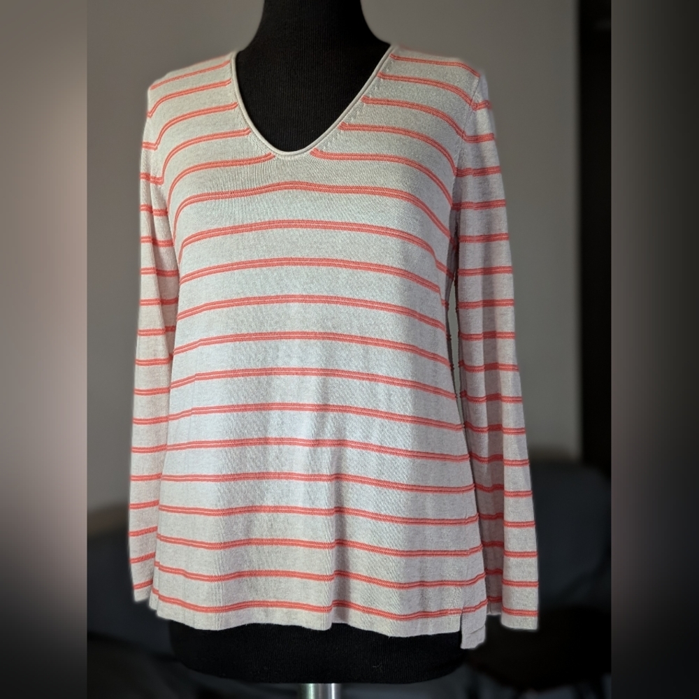 Old Navy White and Coral Striped V-Neck Long Sleeve Tee